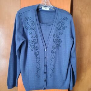 Womens Alfred Dunner Petite Medium Twofer Blue Cardigan With Embellishments